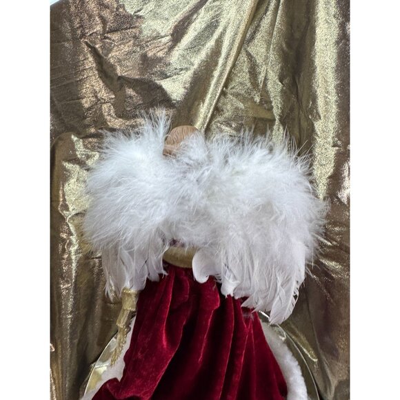 Porcelain Angel Tree Topper Red Velvet Gold Trim White Feather Wings 14" - Picture 7 of 7